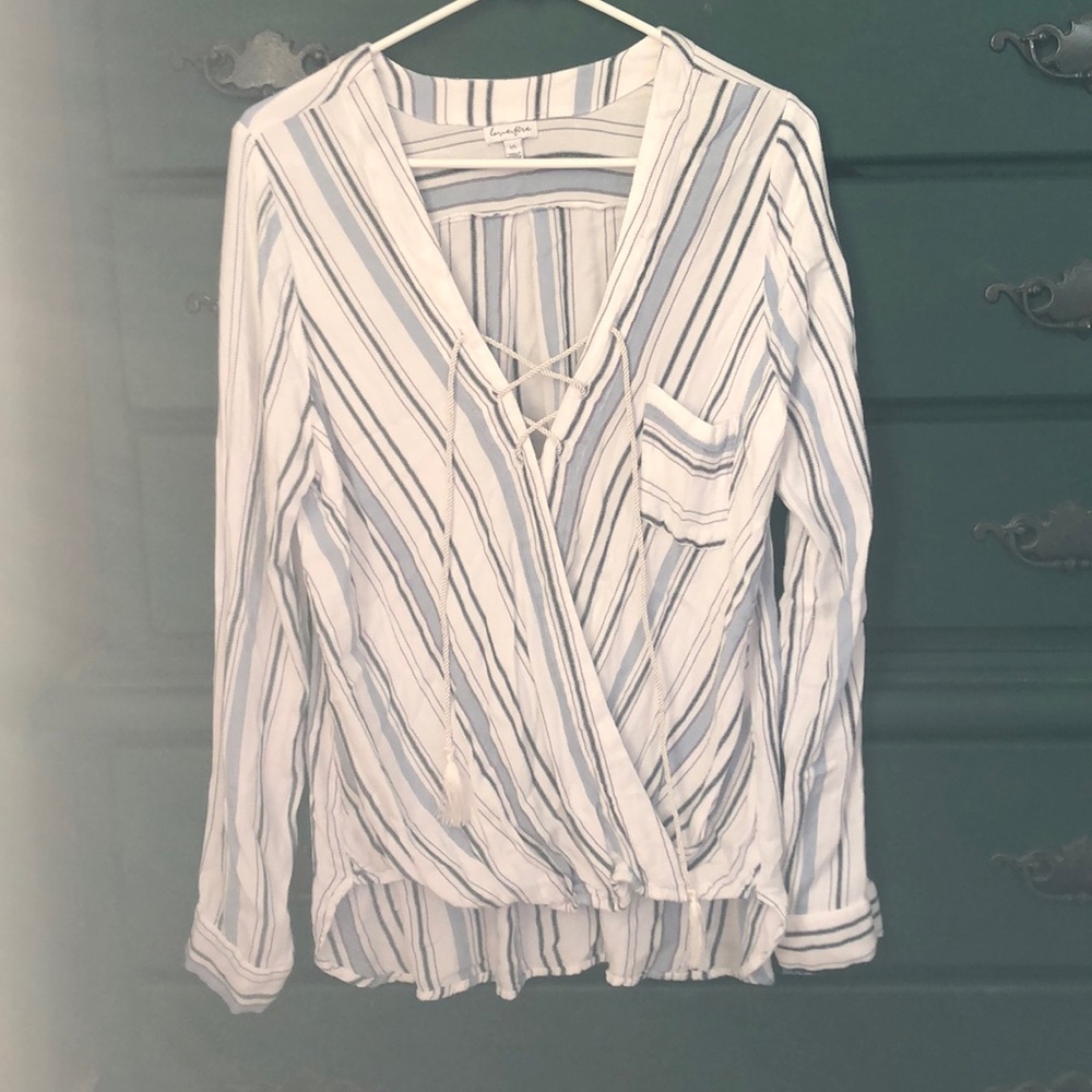 Blue and white striped tunic blouse